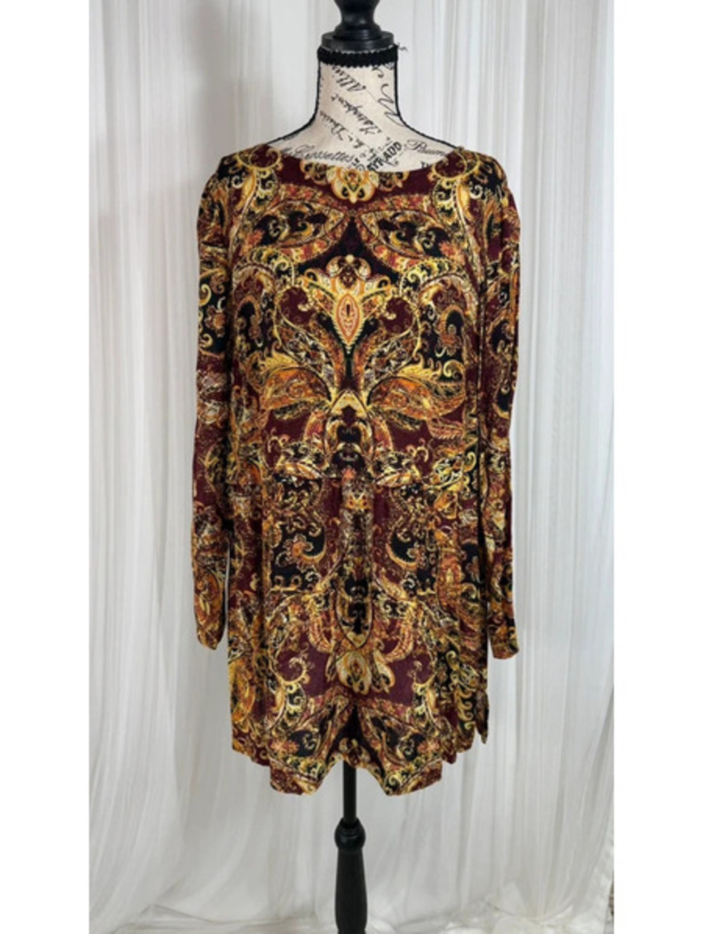 J. Jill Burgundy Gold Paisley Print Tunic Dress Size M 636